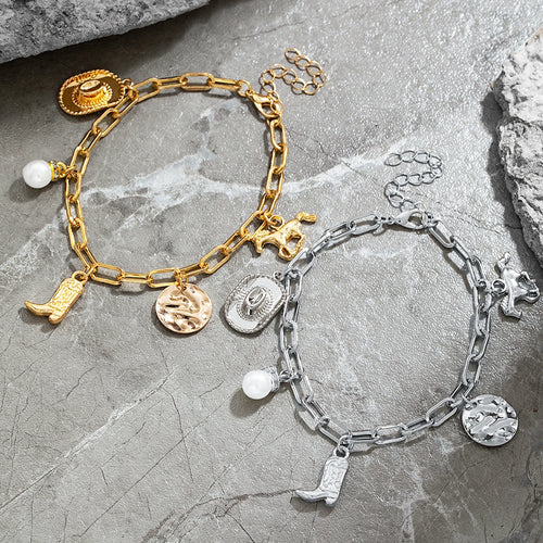 1 Western style denim hat, boot bracelet, imitation pearl, iron horse, tassel, women's retro bracelet